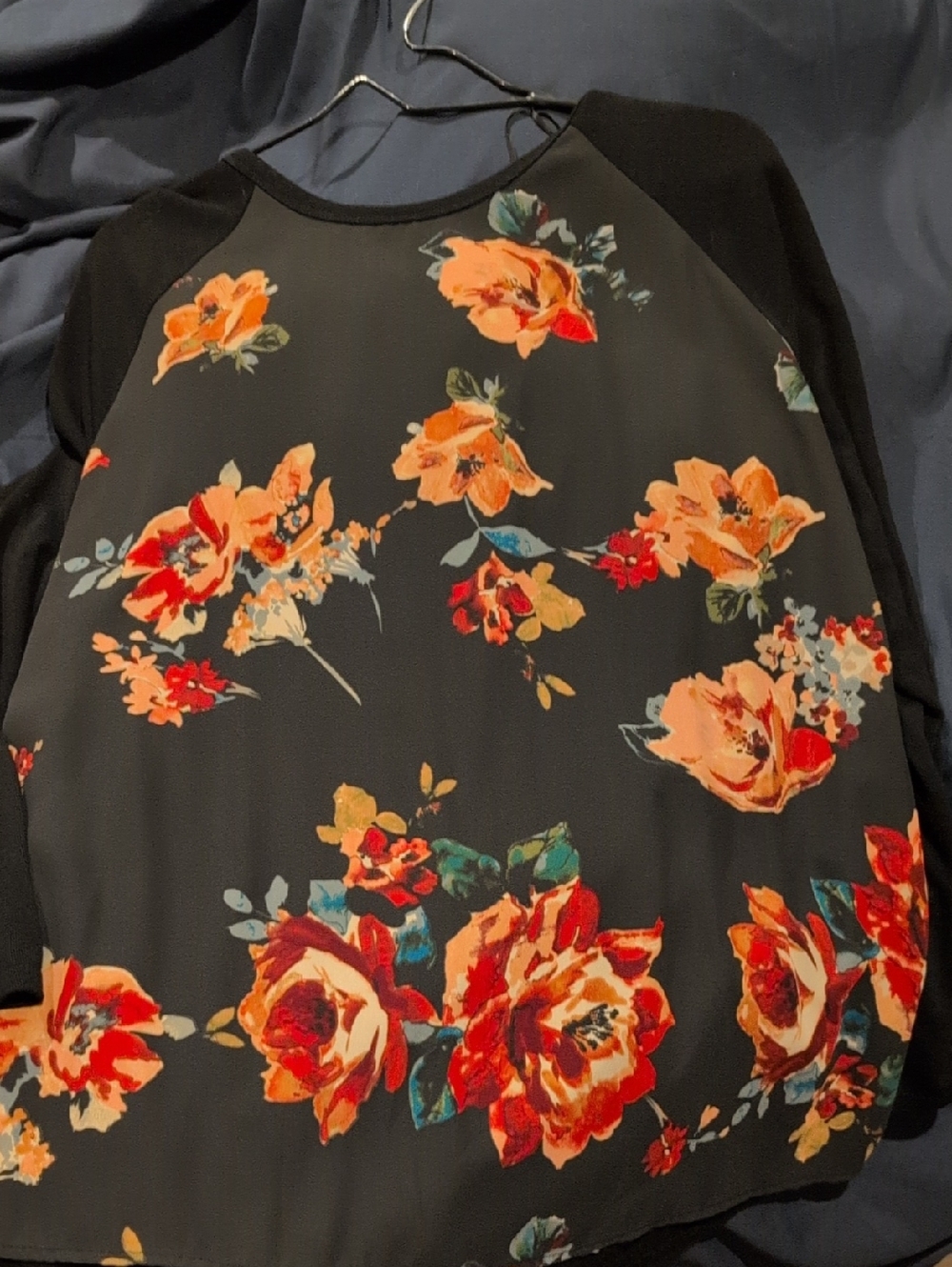 Le Lis Black Raglan Blouse with Orange Floral Print